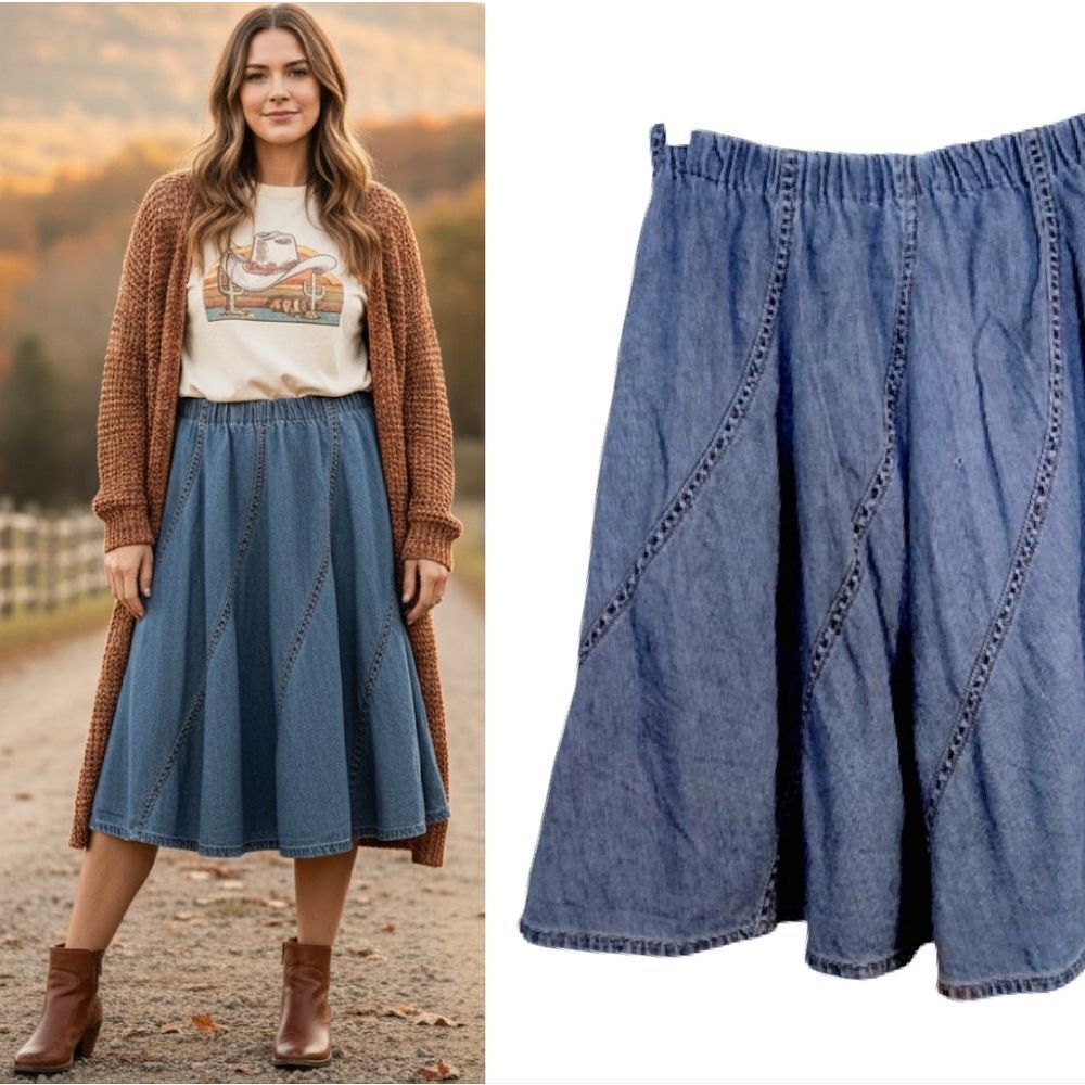 VTG 90s Blue Denim Patch Pull On Full Midi Jean Skirt *Fits like Medium